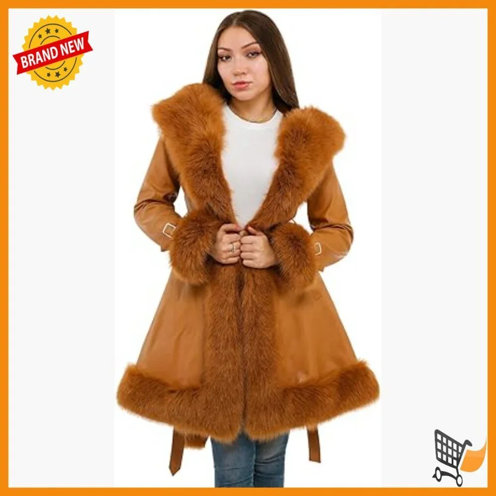 Vegan Leather Belted A Line Winter Coat with Faux Fur Trim Hood